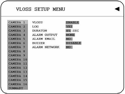 3.6 VLoss Setup Menu Diagram 3.9 Diagram 3.9 is a screen shot of the VLOSS (Video Loss) SETUP MENU. VLoss event is caused by no video signal input for the channel.