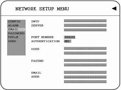 3.7.3 EMAIL In the EMAIL of the NETWORK SETUP MENU, we define: Diagram 3.12 SMTP SERVER: assign the SMTP (e-mail) server s domain name. For example: mail.network.com.au.