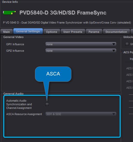 Automatic Audio Synchronization & Channel Assignment (ASCA) The P VD 5840 Frame Synchronizer provides comprehensive audio routing capabilities; providing a separate AES input crossbar and also