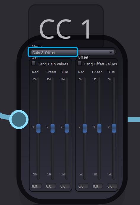 The GUI sliders for modification of R, G, and B values can optionally be ganged, so that they can be operated as a connected group of sliders.