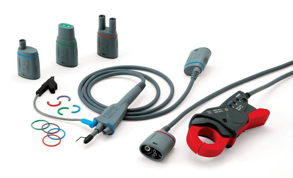 An interchangeable plastic ring is used to match the color of the accessory to the color of its channel. Power is supplied and the sensors are calibrated directly from the oscilloscope.
