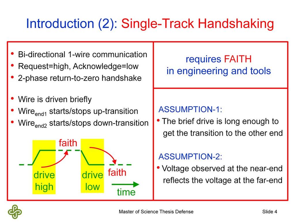 This slide explains what single-track handshaking is. it s a bi-directional communication using a single wire.