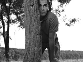 behind the tree. 5) He is F.