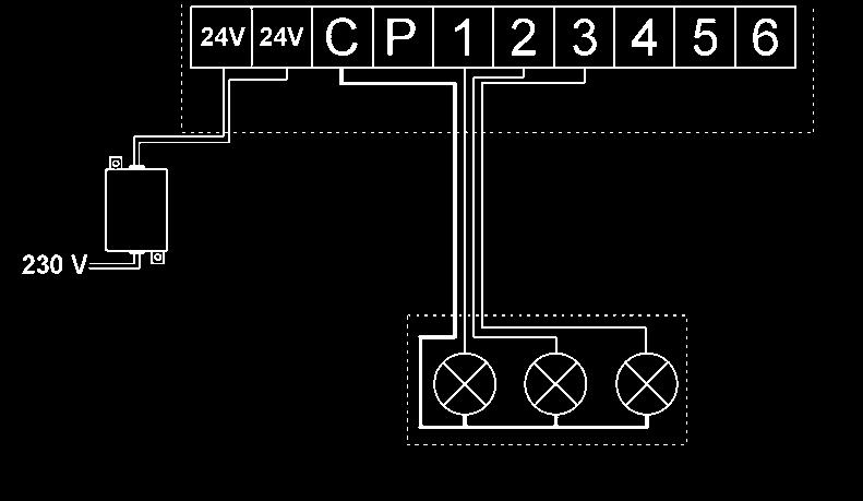 7 230 V Ø 3 mm LD Ø 3 mm P10004 24 V 24 V C P 1 2 3 4 = 230V = 230V Wiring to the electric valves Multi-valve station capacity : 1 RIN BIRD valve