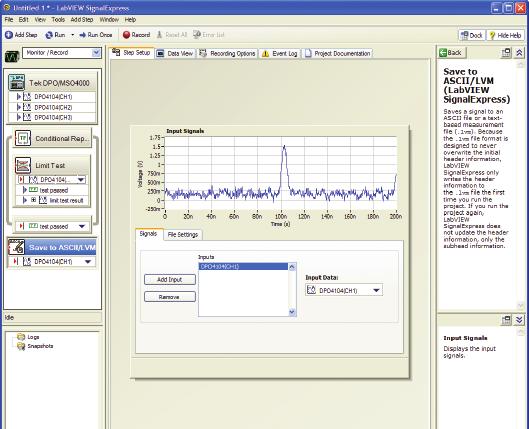 Clicking on the Save to ASCII step displays the signal information, in the project pane. See Figure 7.