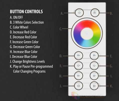 Operating the remote control: This section will show you how to operate the Chroma Flow PRO remote control. A B C D E F G H I J K Press the ON/OFF button to turn the lights on or off.