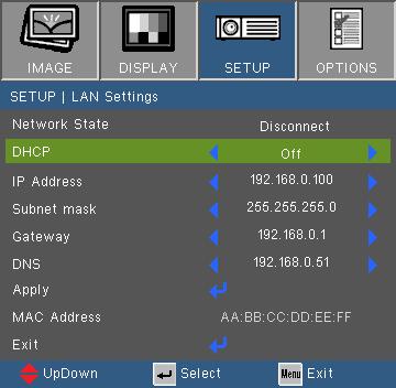 User Controls SETUP LAN Settings Network State Choose Connect to enable LAN network function. Choose Disconnect to disable LAN network function.