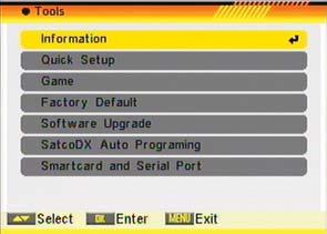 - Information - Quick Setup - Game - Factory Default - Software Upgrade - SatcoDX Auto Programing - Smartcard and Serial Port OSD 74 6.1. INFORMATION 1.