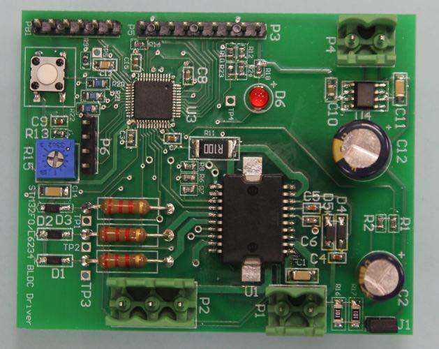 6-step BLDC sensorless driver board based on the STM32F051 and L6234 Features Input voltage range: 7 to 42 V dc Output current: 2 A (5 A peak) Can operate up to 100% duty cycle RoHS compliant