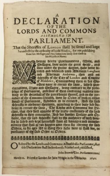 By March1643 the sheriffs of London were formally protected by Parliament in not publishing royal proclamations (Crawford, pg.