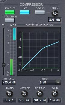 Figure 3.3: EChannel Compressor Section triggers the Compressor from the selected audio source. Side chain operation is only available in AAX and Audio Units plug-ins. 3.3.2 Saturation (SAT) Click the Saturation button to activate soft saturation at the Compressor s output.