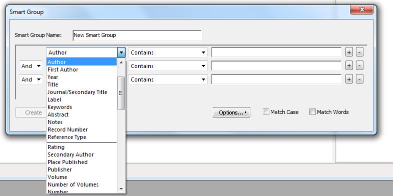 To create a smart group go to the Groups menu and select Create Smart Group. In the smart group box, name your smart group then select what you would like to be filed into the smart group e.g. all papers by a particular author, with a specific keyword, from a particular year.