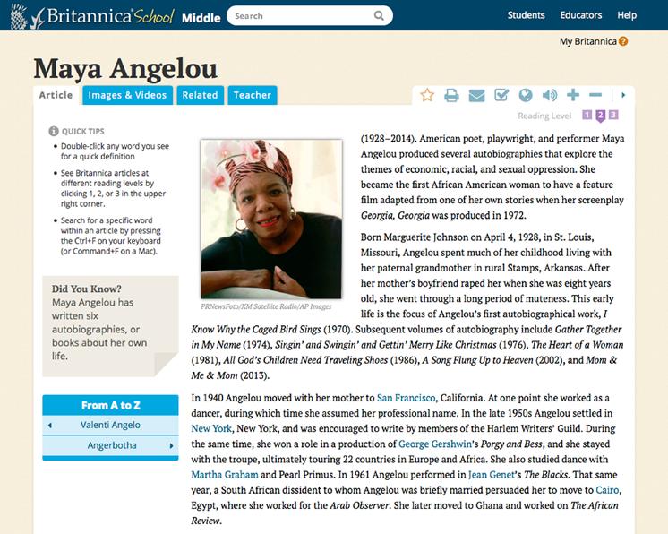 The Maya Angelou biographical article appears below. Look over the Quick Tips on the left-hand side of the page.