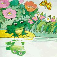 1 2 Little frog is looking at herself in the water of a pond. She hates her green coverall. She thinks it is not beautiful at all.