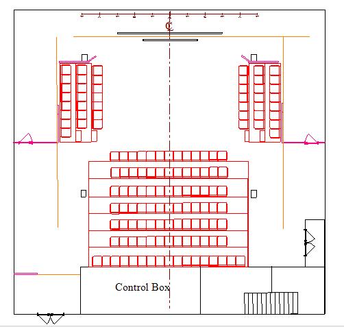 Theatre Layout: The auditorium is designed to be configured into 4 different layouts dependent upon your requirements: Configuration 1 Theatre Style Performance area of 8500mm width by 6500mm depth,