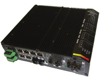 Magnum 6KL Configurable Managed Edge Switch, base unit with four 10/100 copper ports. 24VDC power supply. May be configured with a variety of 10/100/1000Mb fiber and copper ports in Slots B and C.