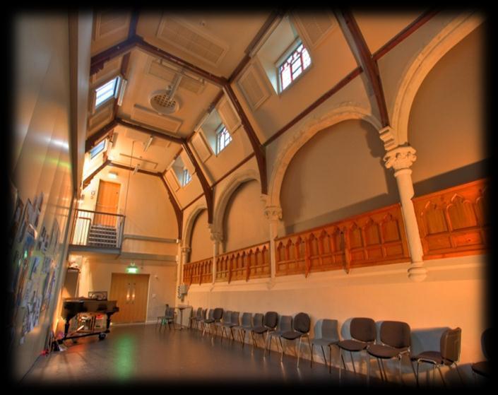 It has a harlequin floor, 2 entrance points, large windows along one wall, skylights and acoustic panels, which make it perfect for such events as music/choir rehearsals, performances,