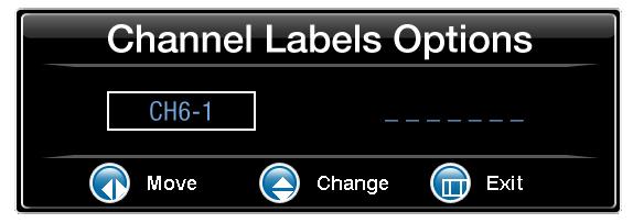 1-6 Channel Label Options 1) Use keys on remote to select Channel Label. 2) Push OK key enter. 3) Use keys on remote to select channel. 4) Use Volume +/- to move to first character entry.