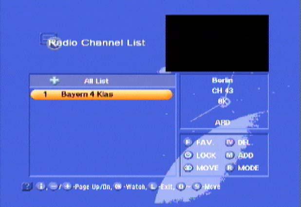 The corresponding display relating to the received channel, i.e. as when selecting the TV channels, appears on the screen. The LCD display shows a small "r" together with the channel location number.