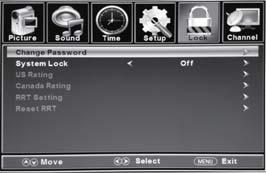 Press the MENU bu on on the remote control to display the Main menu, and use the / bu ons to select the LOCK. 3.