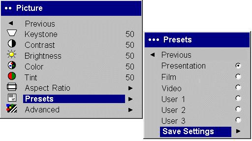 Presets: Presets are provided that optimize the projector for displaying computer presentations, photographs, film images, and video images.