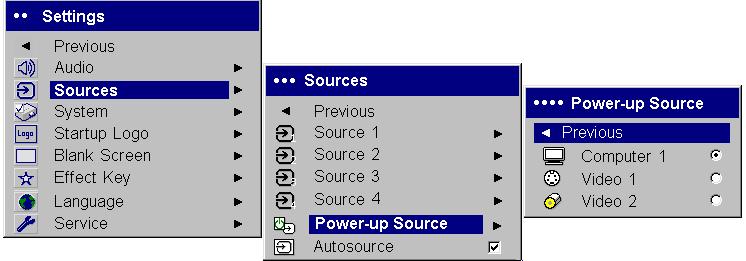 Settings menu Audio Sources: Power-up Source determines which source the projector checks first for active video during power-up.