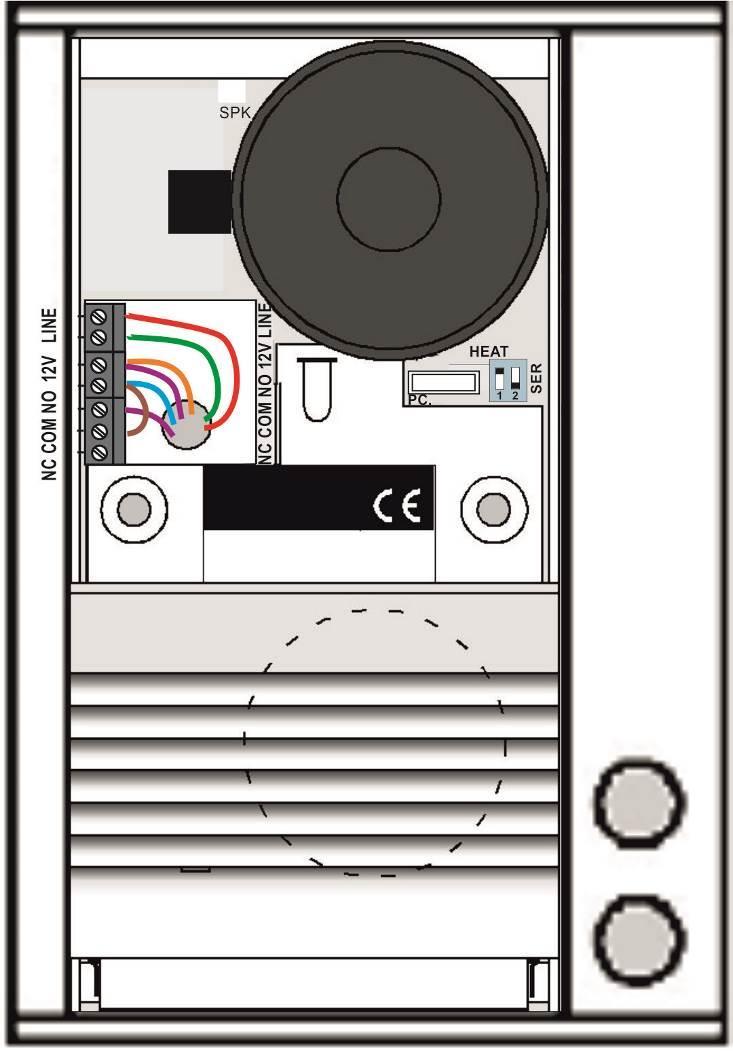2.2 Location of Doorphone components All mounting, control and setting elements are located under the speaker front aluminium grille.