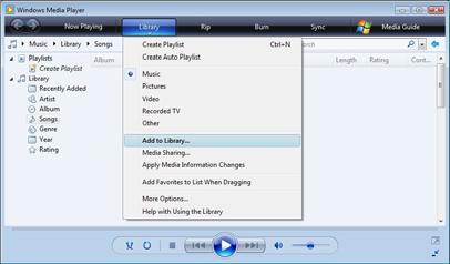 Set folders for sharing In Windows Media Player select Library from the menu and select Add to Library.