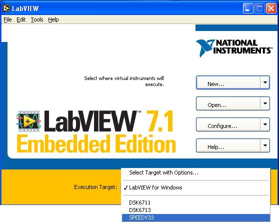 OpenStax-CNX module: m13035 2 Figure 1: Switch Execution Target to your DSP hardware device 1.1.1 Start With a New Blank LabVIEW VI 1. Select FileNew VI to start a new LabVIEW application.