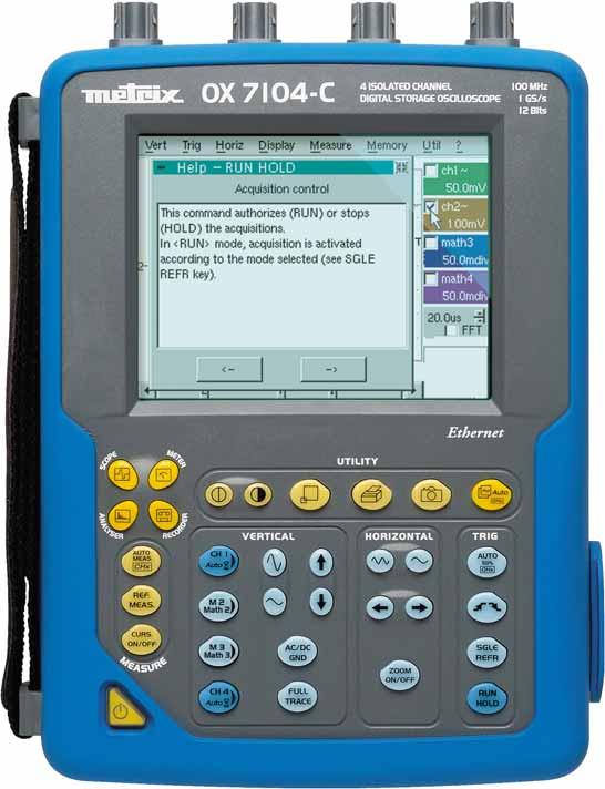 The oscilloscope, multimeter, harmonics analyzer, and recorder modes are directly accessible on the front panel of the instrument.