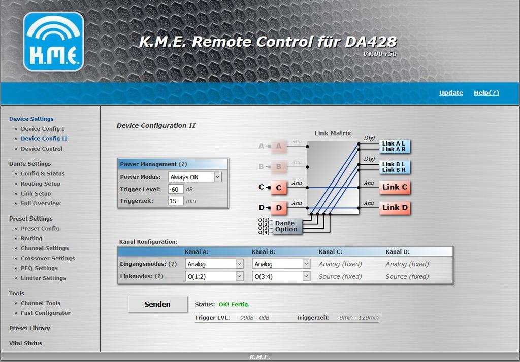 Figure 3: Device Config II with Link Mode Setup for Dante 2.2.3 Device Control At Device Control you could see the current input and output levels.