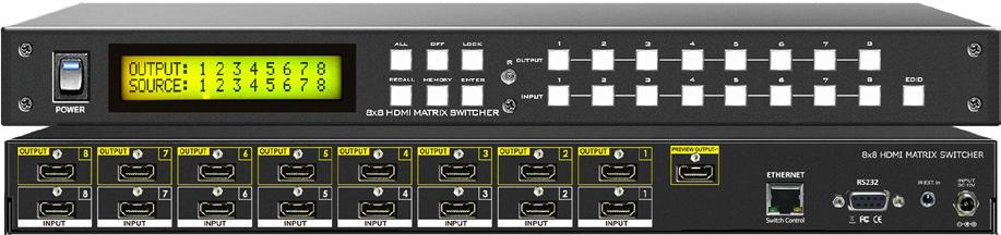 HDMI Matrix Routing Switchers HD-88AK 8x8 Matrix Switcher 8x8 UHD 4K2K HDMI Matrix Switch with Audio I/O, ARC, 30M Booster The HD-88AK is professional 8x8 matrix routing switch.