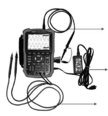 Measurement Connection Accessories of RSHS1000 Handheld Digital Oscilloscope consist of a power supply adapter, a probe adapter plug, a USB cable, two multimeter probes and two oscilloscope probes.