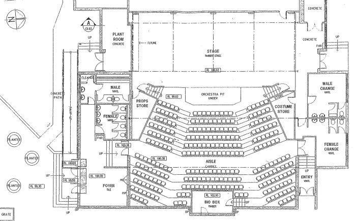 Phoenix Theatre Elwood Stage Plan Bio Box 69 Tiered Seats Patching Board on Mezzanine Orchestra Pit m 0.75 (.7 1.