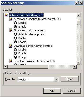 In the Security Settings window, scroll to ActiveX controls and plug-ins Set the controls as follows: Enable : Allow previously unused ActiveX controls to run without prompt (Internet Explorer 7