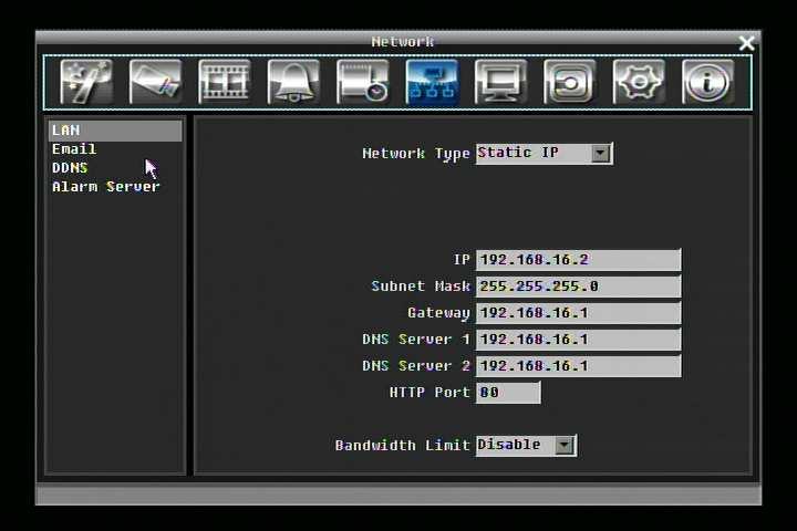 5.7 NETWORK SETTING Figure 5-24 is a screen shot of the NETWORK SETTING MENU. This menu is for configuring the DVR for a network connection.