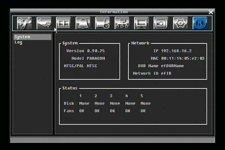 5.11 INFORMATION SETTING Figure 5-41 is a screen shot of the INFORMATION SETTING MENU. This menu displays important system information. Figure 5-41 Information Menu System 5.11.1 System System Version: Displays firmware version number.