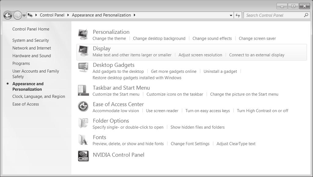 6.5. Monitor settings under Windows 7 For Windows 7, adjust the monitor settings in the Windows program Appearance and Personalization.