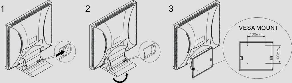 How to install the VESA mount: Please see the below drawing. First, find the slide on the stand.