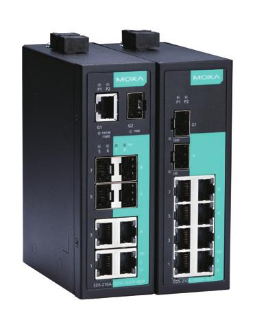 EDS-210A Series 8+2G/9+1G-port Gigabit unmanaged Ethernet switches Up to 2 Gigabit uplinks for high bandwidth data aggregation Multiple fiber ports with up to 4 100BaseSFP port combinations for