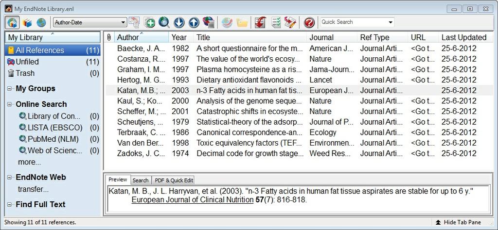 The Library window is shown, with references sorted by first author name, publication year or title ( Figure 6 