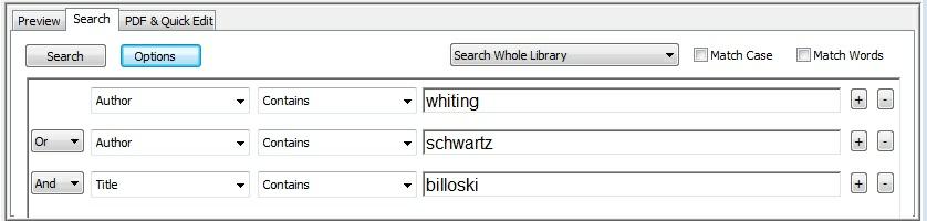32 Figure 36. Search window with Billosk i in the author field Search for multiple authors: 9. When you want to perform a search with more terms, you enter the terms in separate boxes.