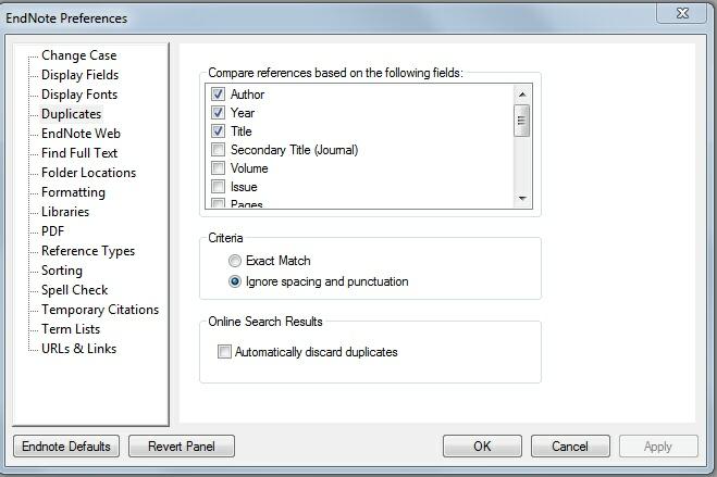Manage libraries 35 Figure 4 EndNote preferences window with Duplicates template 5 5. 6.. 8. 9. 10.