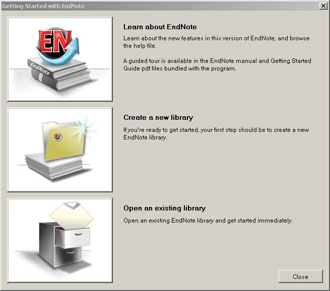 4 1 Create a new library At first use, a dialog box appears named Getting Started with EndNote (Figure 1) on starting EndNote.