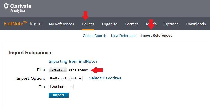 Capture citations from Google Scholar In EndNote, select Collect from the toolbar. Then Import References.