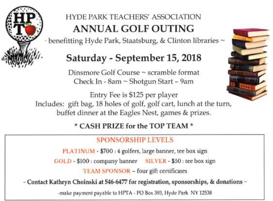 HPTA GOLF OUTING TO BENEFIT COMMUNITY LIBRARIES As we've noted in previous newsletters, the various fundraisers held on behalf of the library are one of the ways we are able to help keep taxes down
