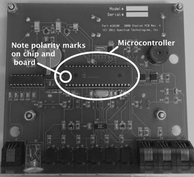 6. Align the new microcontroller with the socket (note the polarity markings on the microcontroller, the socket, and the circuit board).