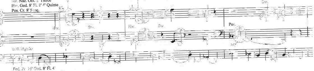 Voorbeeld 4.3.1 Deel 3 maat 1-41 Openingsmateriaal met pedaal-ostinaat, perkussiewe akkoorde en Cromorne-melodie (maat 4). Con energico d.= 60 Sw. N.w. Dn l' Tim Ilw.