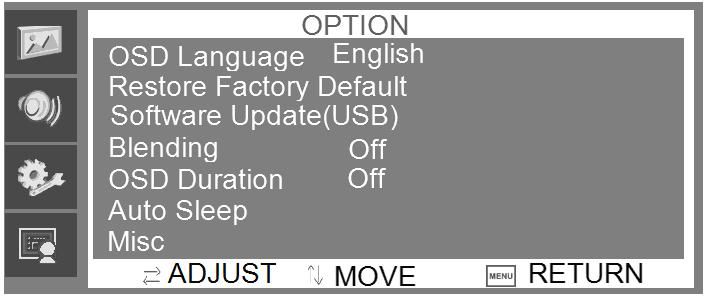 FUNCTION MENU Screen menu can set auto adjust (automatically determine signal layout), horizontal position, vertical position, clock, and phase.
