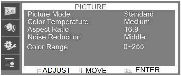PICTURE MENU Picture menu can set picture mode, color temperature, aspect ratio, noise reduction, and color range.
